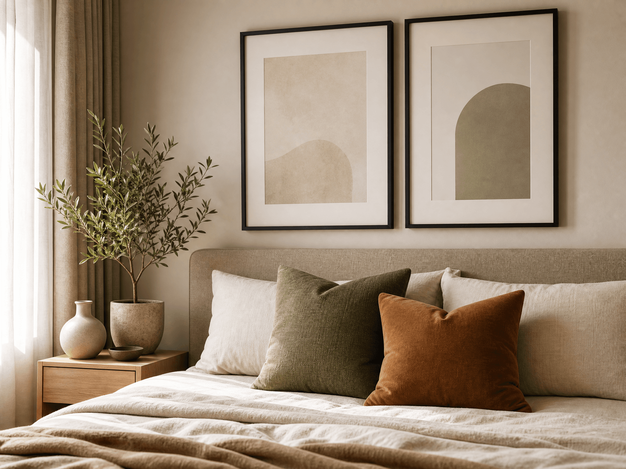 Bedroom Sanctuary Decor Set — Pair of bedside frames, Faux plant, 2 cushion covers, Small vase