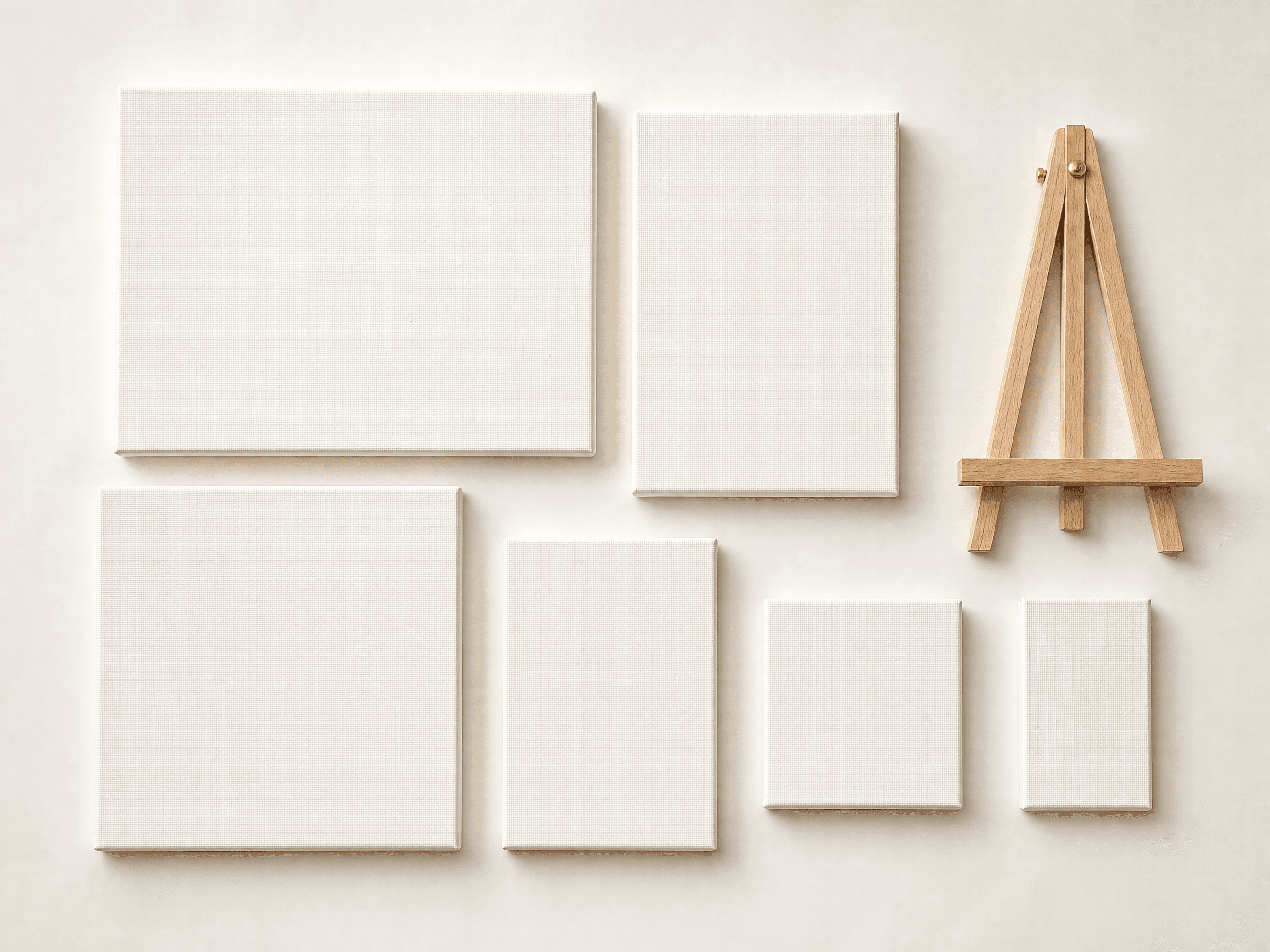 Blank Canvas Creative Set — 6 blank stretched canvas boards (mixed sizes), Tabletop easel stand