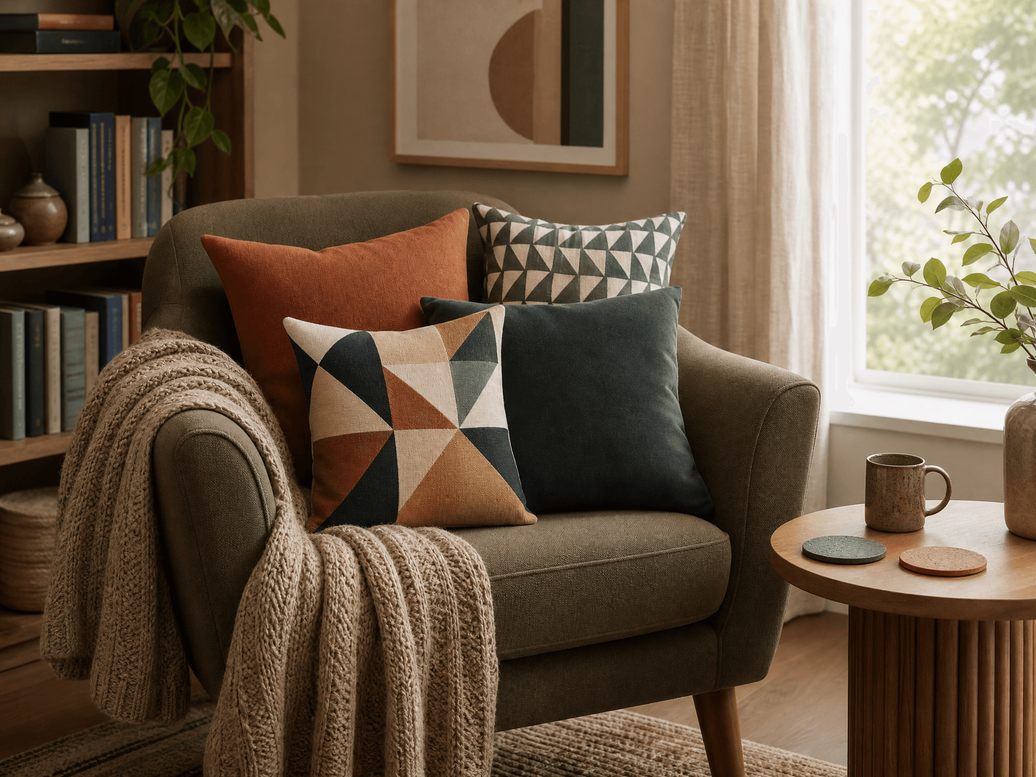 Cosy Corner Textile Set — 4 cushion covers (solid + original geometric), Knit throw blanket, 2 coasters