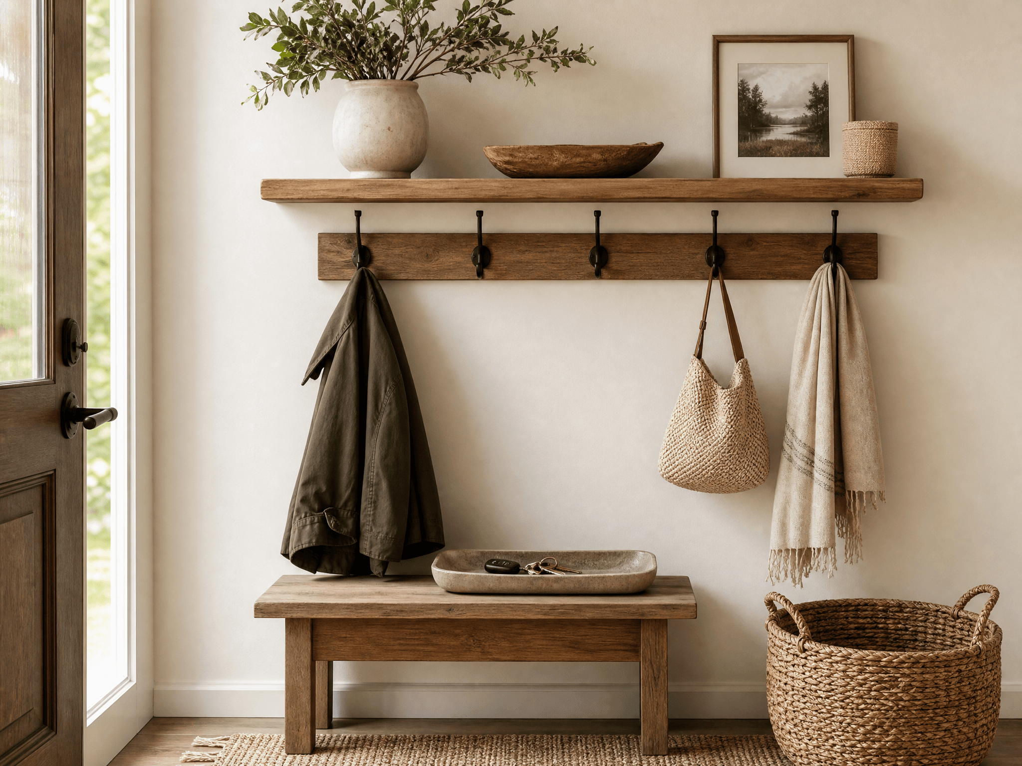 Entryway Styling Set — Wall shelf, 5 wall hooks, Decorative tray, Woven basket