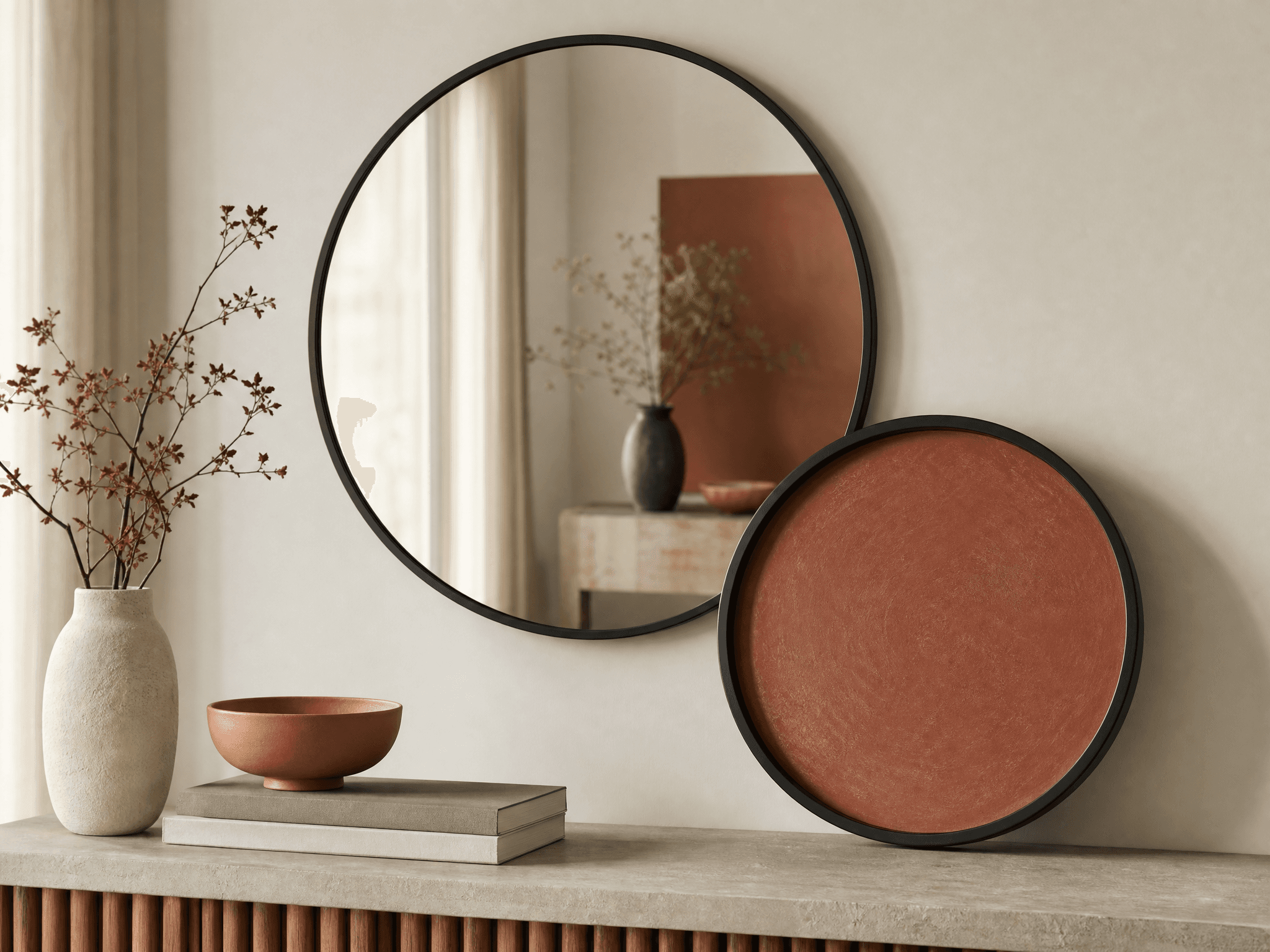 Statement Mirror & Tray Set — A round wall mirror and matching tray that bounce light and anchor a corner.
