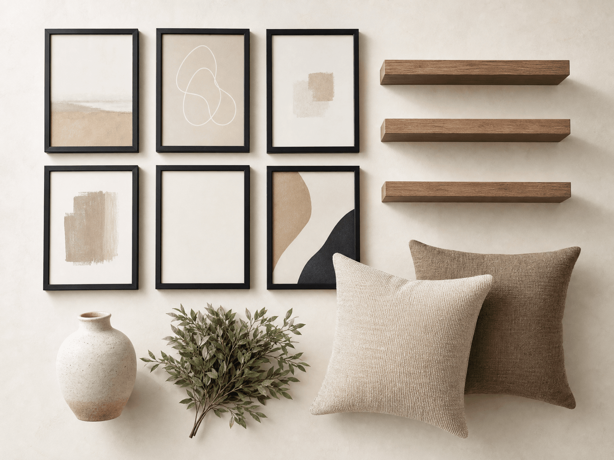New-Home Wall Styling Bundle — 6-frame gallery set, 3 floating shelves, Ceramic vase, Faux plant, 2 cushion covers
