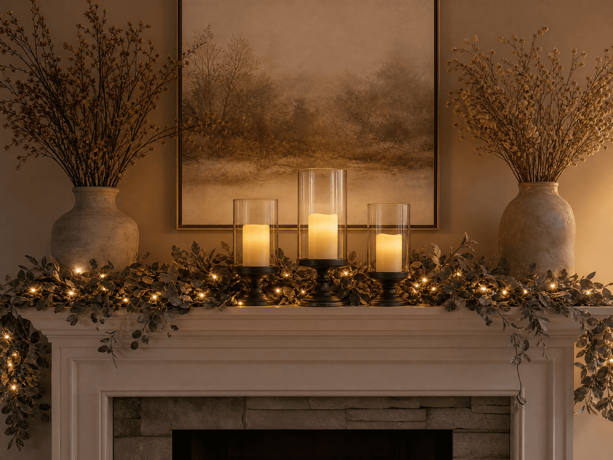 Seasonal Mantel Styling Set — Faux foliage garland with warm LED string lights, 3 candle holders with flameless LED candles, 2 vases with faux branches