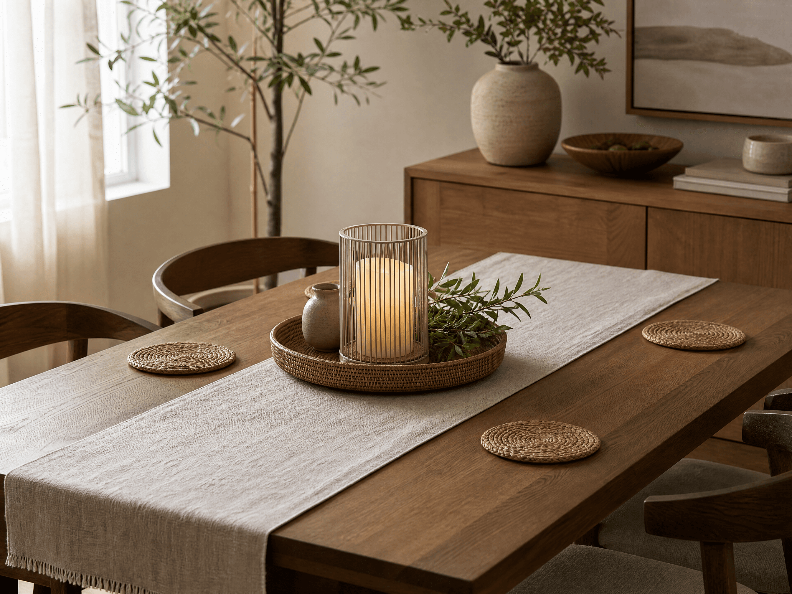 Table Styling Set — Table runner, 4 coasters, Central decorative tray, LED candle holder with flameless candle