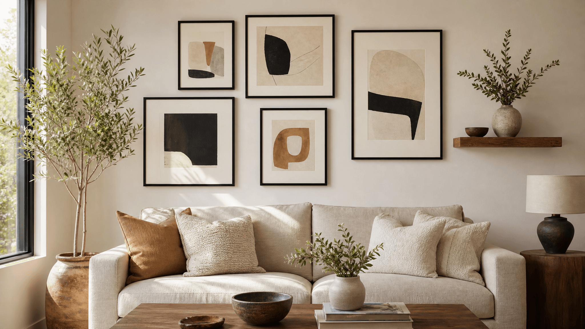 Framecraft styled gallery wall above a sofa